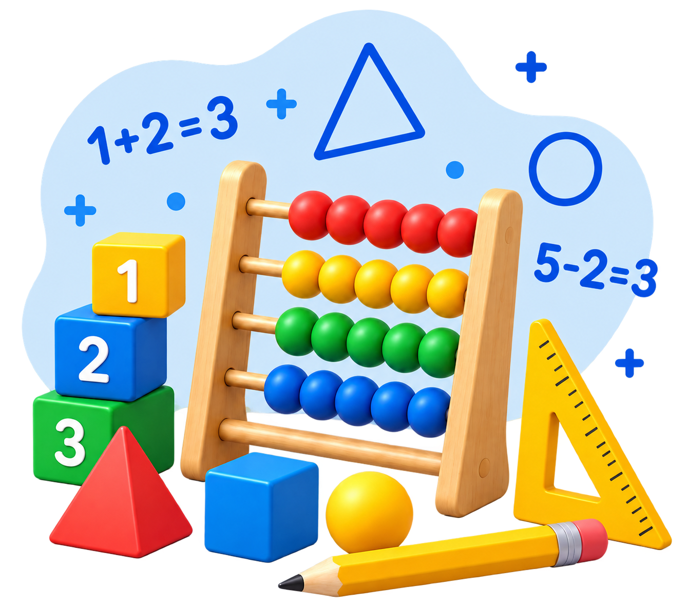 K–6 Mathematics illustration with abacus, blocks, ruler and geometric shapes