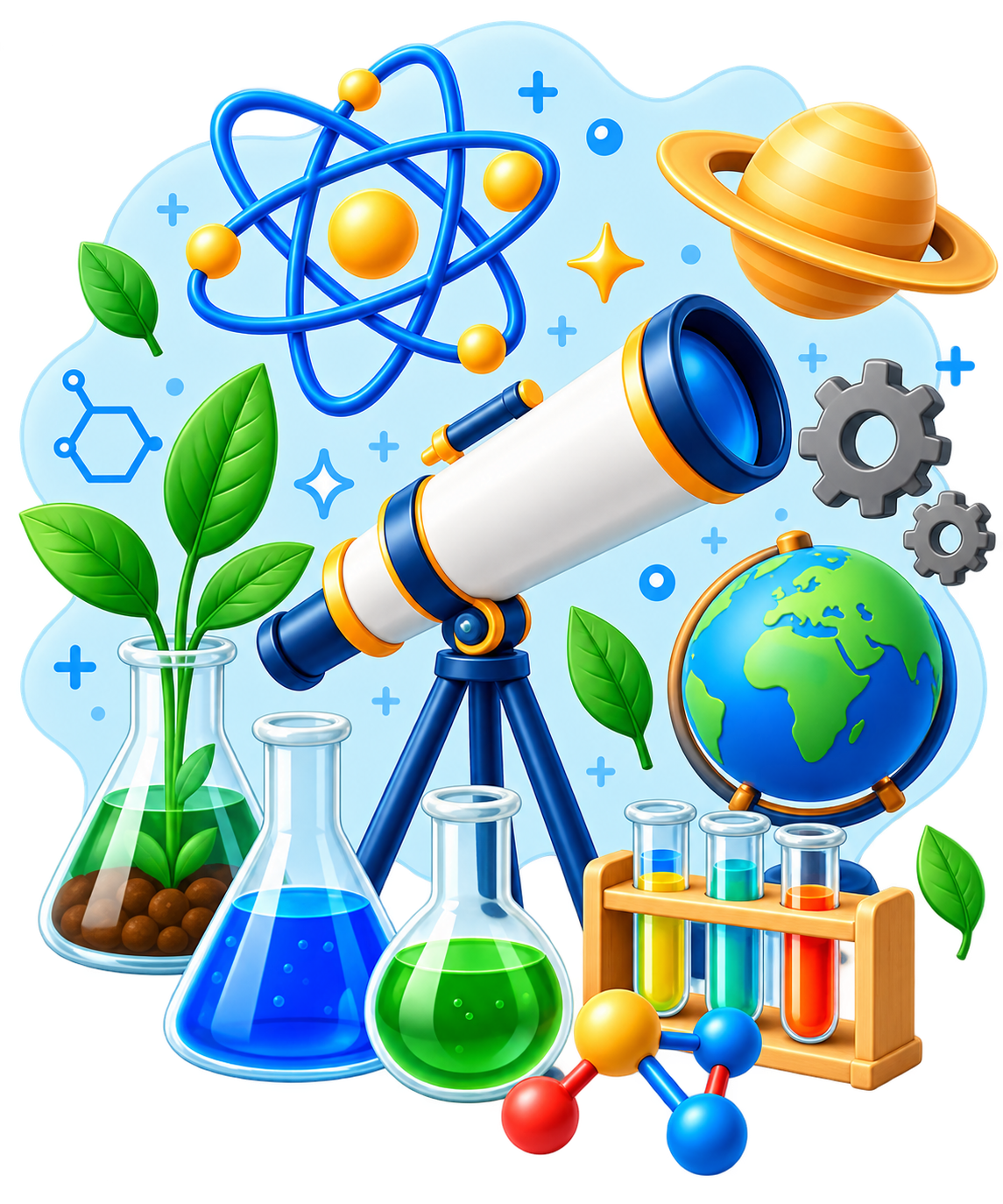 K–6 Science learning illustration with telescope, plants, globe, test tubes and science equipment